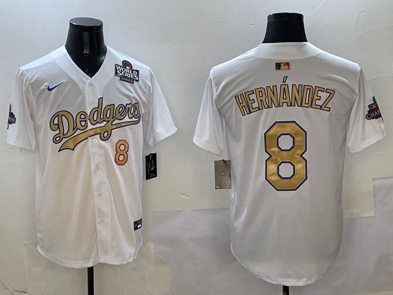 Men Los Angeles Dodgers #8 Hernandez White Champion gold character 2025 Nike MLB Jersey style 3->los angeles dodgers->MLB Jersey